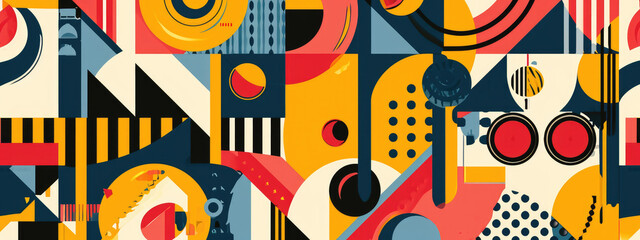 Abstract background with a Bauhaus pattern featuring geometric shapes and a bright color palette