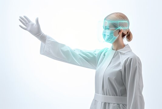 A doctor in a futuristic telemedicine concept, possibly utilizing advanced technology for remote consultations or medical interactions.