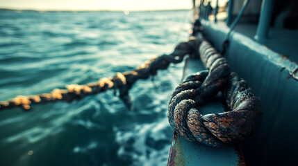 Close-up of a rusty ship's mooring rope.