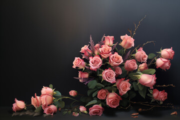 bouquet de roses rose dont une partie des fleurs est tombée du vase. Peinture à l'huile romantique avec espace texte sur fond gris