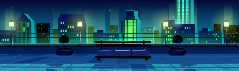 Night city view from rooftop terrace. Vector cartoon illustration of lounge balcony on top of skyscraper with couch, bushes, railing and lamps, modern cityscape under dark starry sky, urban street
