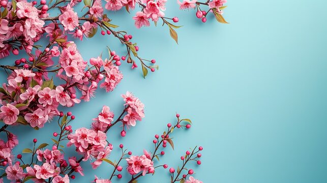On a pastel blue backdrop, pink cherry blossoms are outlined with branches and leaves, space, Generative AI.
