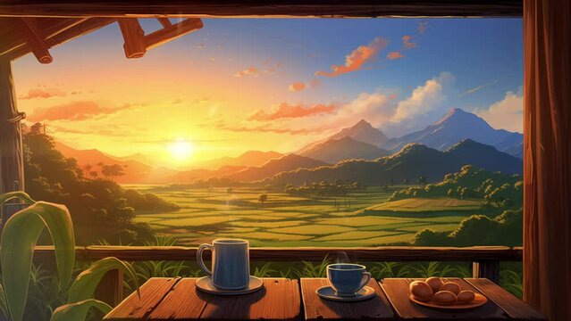Animated illustration of a cup of drink with a view of rice fields in the morning. Illustration of a view of rice fields with a mountain background. Background animation.