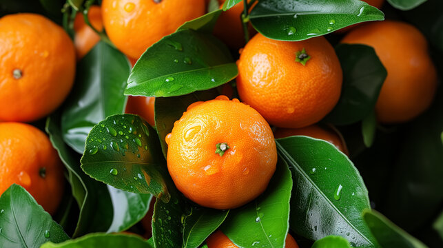 Fresh mandarins with leaves and water drops.