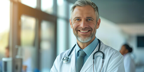 Mature doctor with grey hair and beard smiling at hospital clinic
