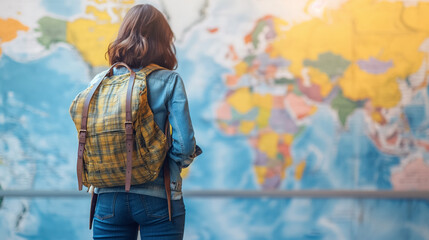 Obraz premium Traveler with backpack looking at world map.