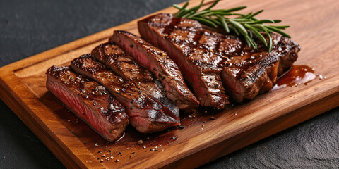 Grilled medium rare ribeye steak sliced on wooden board. Barbecue beef meat closeup