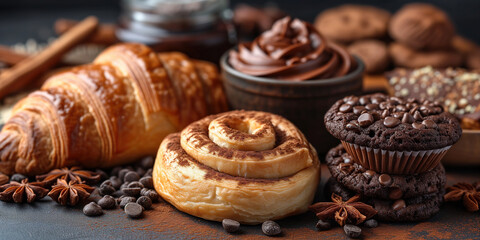 Sweet pastry and delicious dessert with croissant, cinnamon roll and chocolate cookie