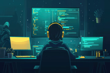 Illustration of a Woman Doing a Task in Front of a Computer, Back View