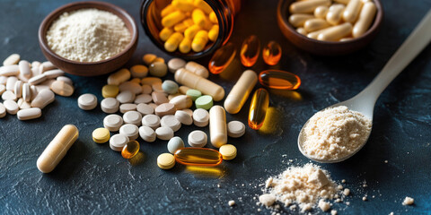 Supplements and vitamins in vegetarian softgel capsule, scoop of protein powder and tablets