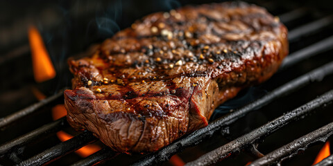 Beef ribeye steak on barbecue grill closeup