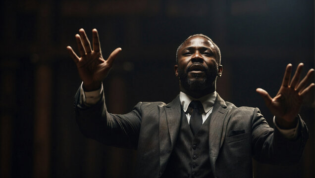 Preacher in a church preaching with to a flock with hands raised high in the air. Theology, culture and religion concept. Copy space.