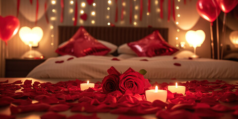 Valentine bedroom with red rose flower petals, balloon hearts and romantic candles for luxury honeymoon on blurred background