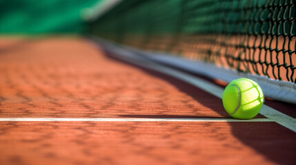 Tennis ball near the net on clay court. - obrazy, fototapety, plakaty