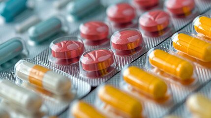 Assorted colorful pills in blister packs. - obrazy, fototapety, plakaty