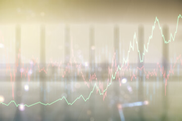 Multi exposure of virtual abstract financial graph interface on modern interior background, financial and trading concept