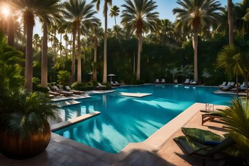 Envision an oasis of serenity as you craft an image featuring lush, beautiful palms surrounding an inviting blue hotel pool.

