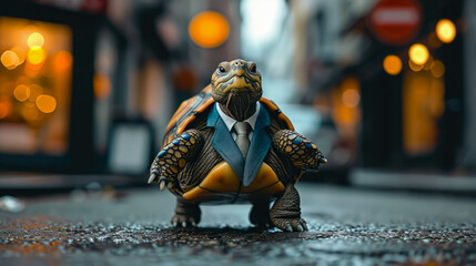 Stylish turtle ambles through city streets in tailored elegance, epitomizing street style. The realistic urban backdrop frames this shelled reptile, seamlessly merging slow-paced charm with contempora - obrazy, fototapety, plakaty