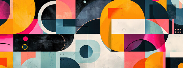 Abstract geometric pattern background in Bauhaus style, using a collage of shapes and a spectrum of bright colors