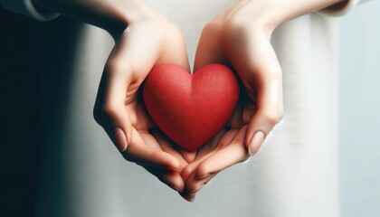 Obraz premium Hands holding a red heart, symbolizing love, care, and health awareness.
