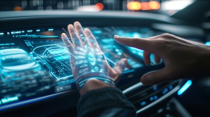 Slow motion closeup of a drivers hand interacting with a holographic display projected onto the windshield of a hightech car enabling seamless integration with the surroundin - obrazy, fototapety, plakaty