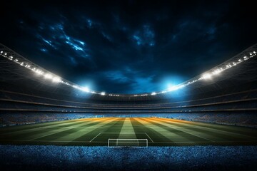 Background of sports stadium at night with defocused 3D lighting in football and cricket. Generative AI - obrazy, fototapety, plakaty