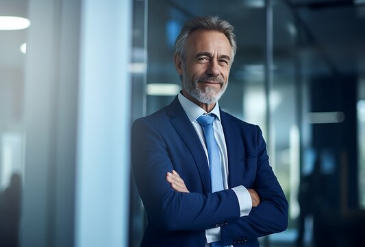 Portrait of confident mature businessman standing with arms crossed in modern office