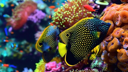 Closeup of a pair of delicate yellow and black angel fish darting through the water surrounded by a sea of colorful marine life