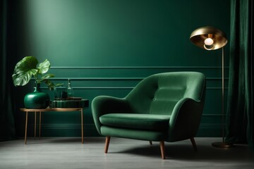 Interior home design of living room with green armchair on empty dark green wall