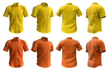 2 Set of yellow orange mustard, button up short sleeve collar shirt front, back and side view on transparent background cutout, PNG file. Mockup template for artwork graphic design