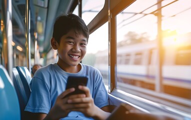 Portrait of a happy Asian young college boy chatting in phone in bus near window with a big copy space, Generative AI.
