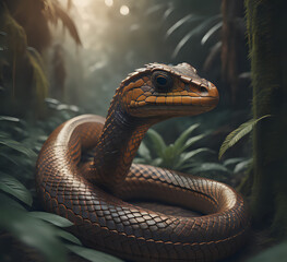 Fototapeta premium Snake : Tiger Snake. Natrix, Snake Colubridae in the forest, close up. predatory snake, beautiful poisonous snake generative Ai
