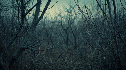 Bare trees in a gloomy winter forest scene.