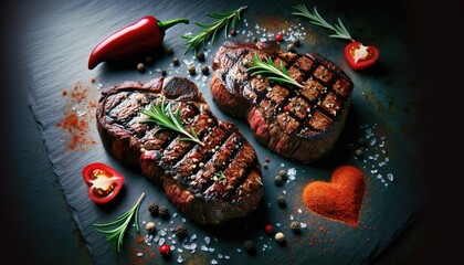 Grilled Steak on Slate with Spices and Herbs.