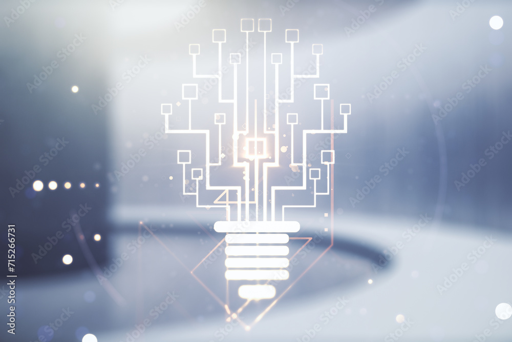 Poster Virtual creative light bulb with chip hologram on empty classroom background, artificial Intelligence and neural networks concept. Multiexposure
