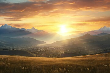 Sunset over the mountains,  Landscape with meadow and mountains