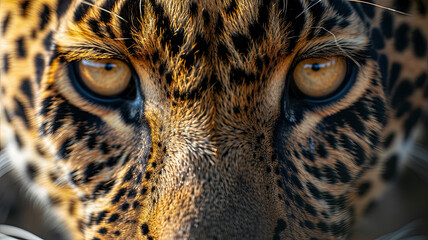 A macro portrait of an leopard that captures amazing eye detail. The entire head is visible. The close, precise, deep gaze of a predator