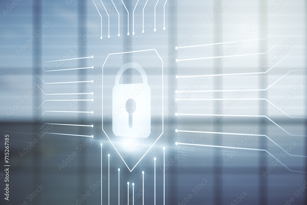 Poster double exposure of virtual creative lock hologram with chip on empty modern office background. infor