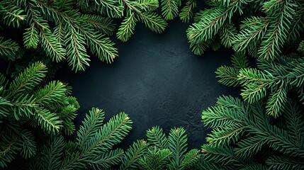 Top view of a frame with bright green pine in a black surface with copy space, Generative AI.