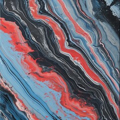 Painting with many Red and Blue Stripes Background - Light Sky-Blue and Dark Black Distorted and Elongated Forms - Bold Marbleized Block Illustration Marbleized created with Generative AI Technology