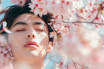桜の花とアジア人男性 メンズビューティー - obrazy, fototapety, plakaty