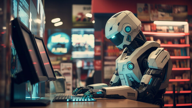 an artificial intelligence robot in a video game store