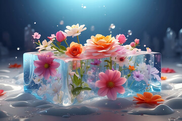 beautiful flower inside a block of ice
