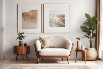 Fototapeta premium Bohemian Interior home design of living room with wooden armchair and art poster frame
