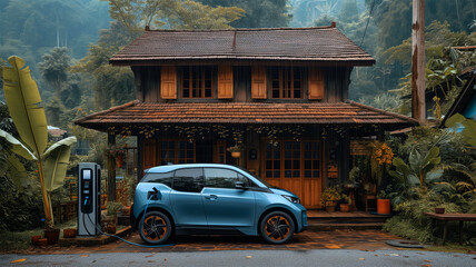 An Ai generative image of old wooden house with electric car and EV charging station insight