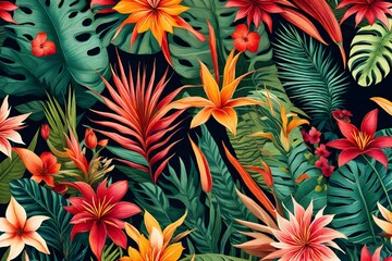 A tropical setting featuring vibrant and exotic flowers, showcasing the richness of color and unique shapes found in tropical floral motifs