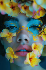 Woman with blue and yellow makeup surrounded by flowers. A vibrant human canvas blossoms with colorful petals, showcasing the beauty of nature and self-expression through striking blue and yellow make