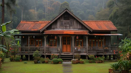 Fotobehang An Ai generative image of old style wooden Malay kampung house surrounding with tropical jungle. © NajmiArif
