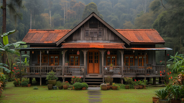 An Ai generative image of old style wooden Malay kampung house surrounding with tropical jungle.