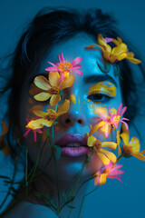 Woman with flowers on her face. A vibrant portrait of a young woman adorned with colorful flowers, evoking a sense of feminine beauty and artistic expression
